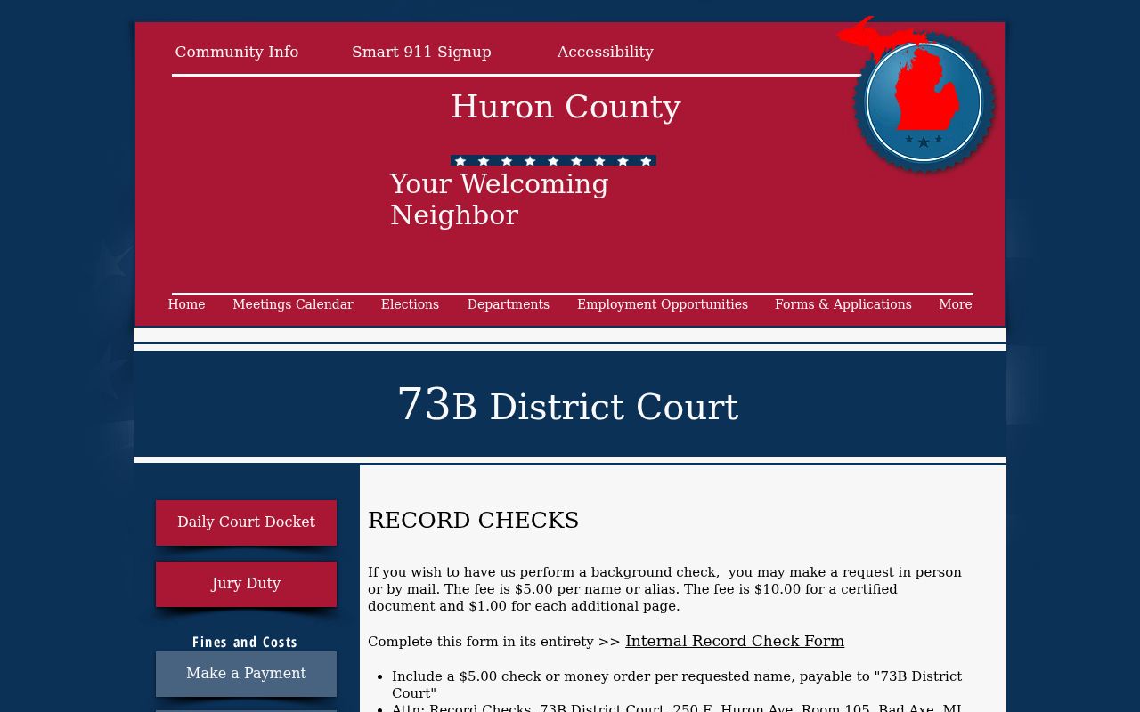Huron County 73B District Court record check instructions for a Huron County warrant check
