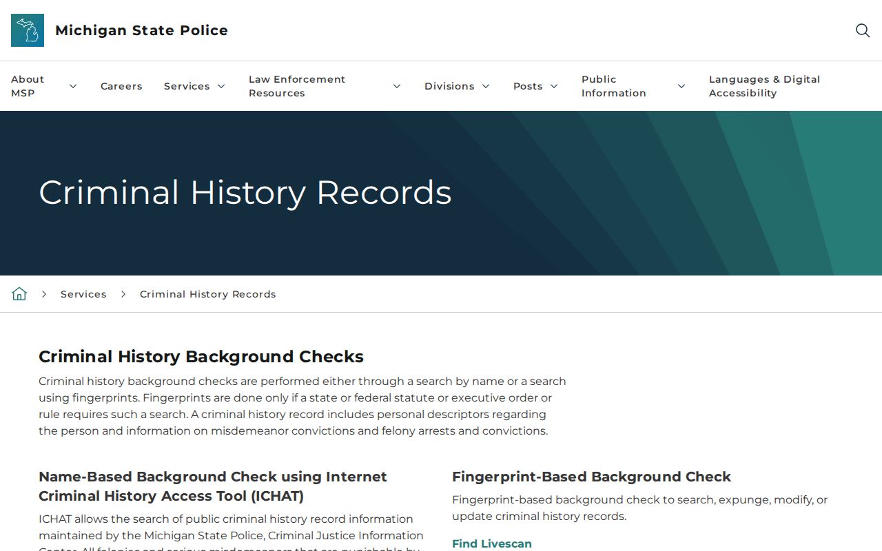 Michigan criminal history page showing that ICHAT excludes Huron County warrant information