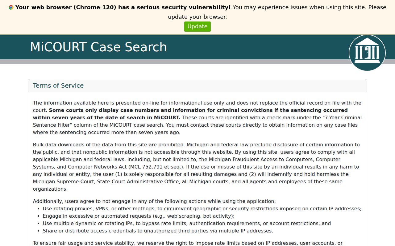MiCOURT statewide case search page used for a Huron County warrant check