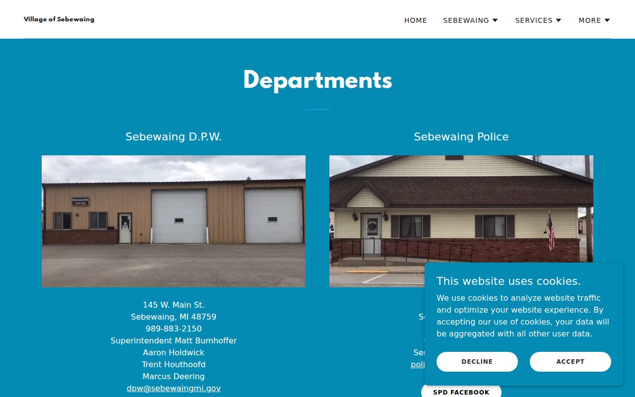 Sebewaing police contact page showing the village office and parking violation bureau distinction
