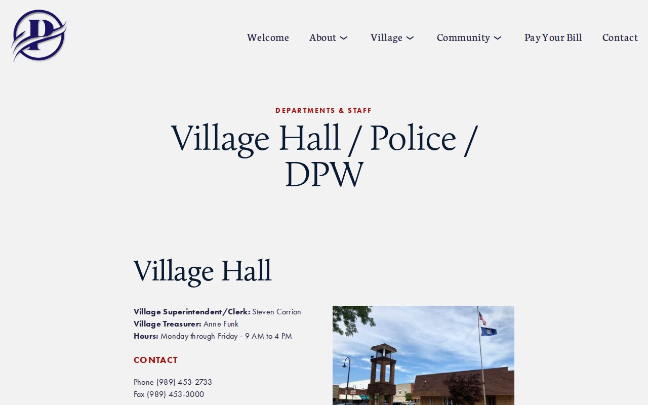 Pigeon departments page showing the shared Village Hall and police address behind a Pigeon warrant record question