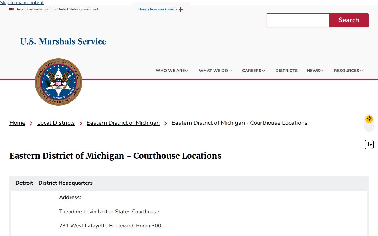 Bay City federal courthouse location page for federal cases outside Huron County