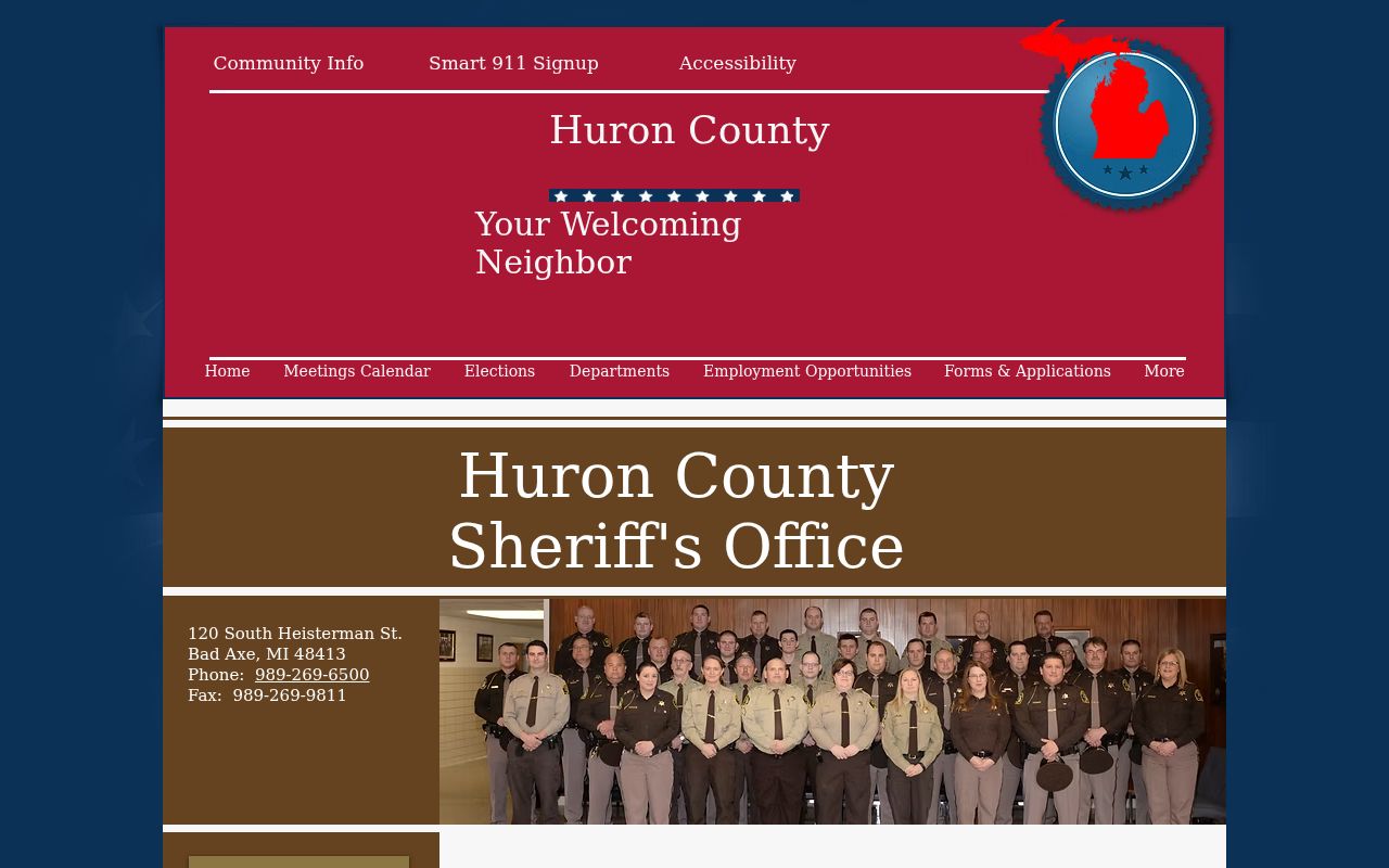Huron County Sheriff's Office landing page with no public active warrant list